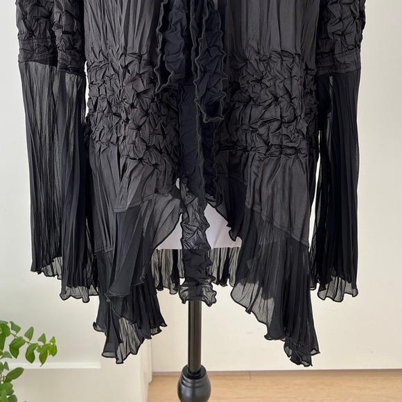 JOSEPH RIBKOFF Sheer Bell Sleeve Tie Front Black Jacket Crinkle High Low Ruffle - Picture 8 of 17